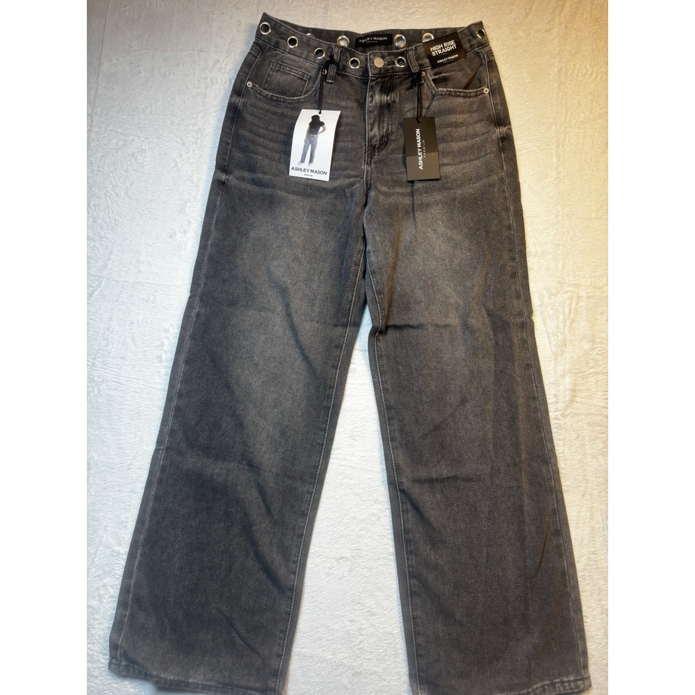 NWT Ashley Mason Premium Jeans Women's Grommets 7/28 Gray High Rise‎ Straight - Picture 2 of 16